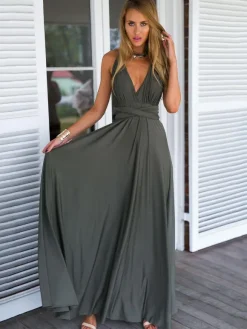 Robe longue convertible sans manches pour femme - Robe dos nu unie multi-positions - Robe de demoiselle d'honneur pour mariage d'été à la plage 2026