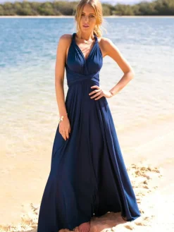 Robe longue convertible sans manches pour femme - Robe dos nu unie multi-positions - Robe de demoiselle d'honneur pour mariage d'été à la plage 2026