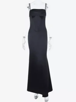 Robe longue corset à fines bretelles pour femme - Robe moulante noire élégante - Idéale pour une soirée de mariage printanière 2026