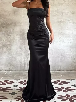 Robe longue corset à fines bretelles pour femme - Robe moulante noire élégante - Idéale pour une soirée de mariage printanière 2026