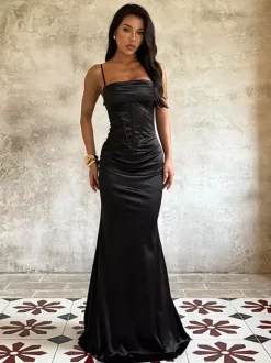Robe longue corset à fines bretelles pour femme - Robe moulante noire élégante - Idéale pour une soirée de mariage printanière 2026