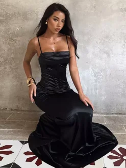 Robe longue corset à fines bretelles pour femme - Robe moulante noire élégante - Idéale pour une soirée de mariage printanière 2026