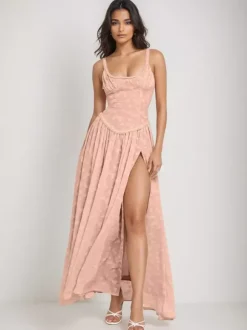 Robe longue corset transparente pour femme - Robe d'été fluide et sans manches à fente haute style cottagecore - Vacances d'été à la plage 2026