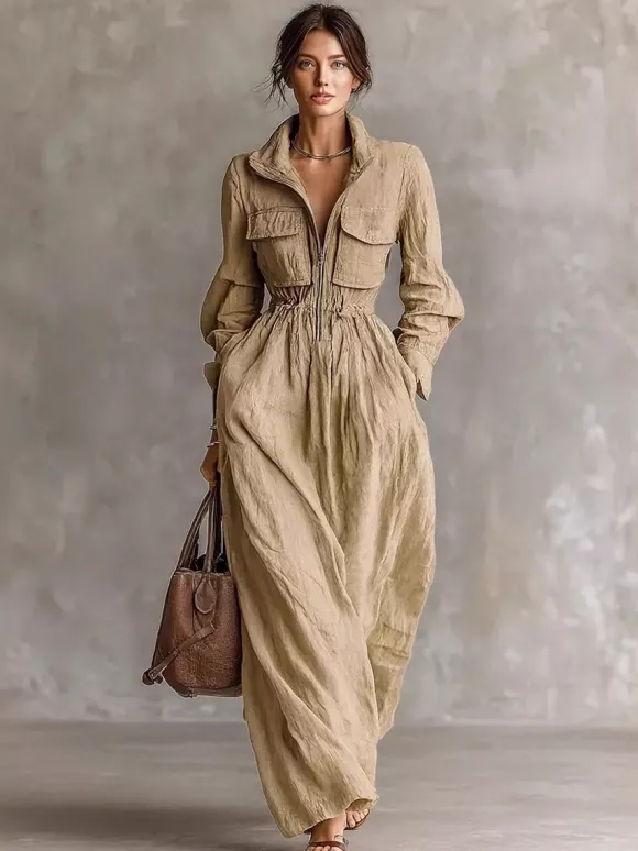 Robe longue Daily Dresses pour femme marron café en polyester manches longues col en V taille haute