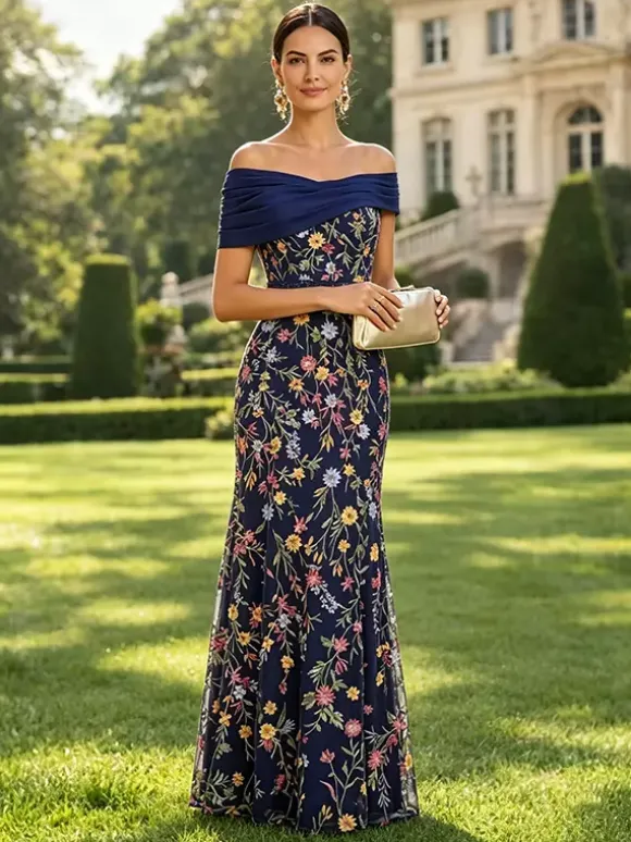 Robe longue de soirée fleurie trapèze épaules dénudées brodée robe de mère de la mariée robe d'invitée de mariage