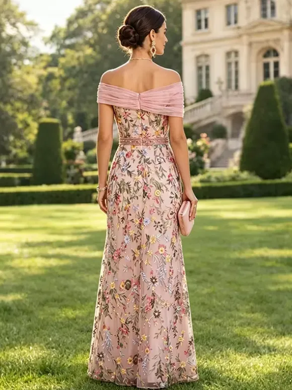 Robe longue de soirée fleurie trapèze épaules dénudées brodée robe de mère de la mariée robe d'invitée de mariage