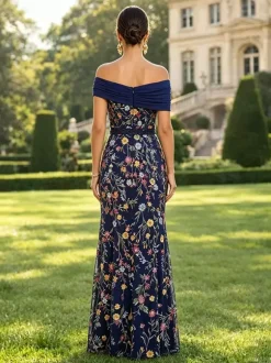 Robe longue de soirée fleurie trapèze épaules dénudées brodée robe de mère de la mariée robe d'invitée de mariage