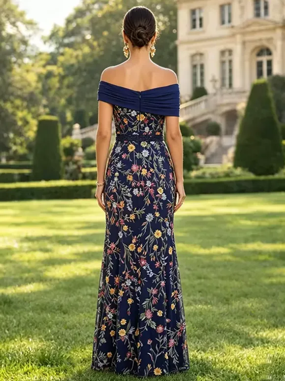 Robe longue de soirée fleurie trapèze épaules dénudées brodée robe de mère de la mariée robe d'invitée de mariage