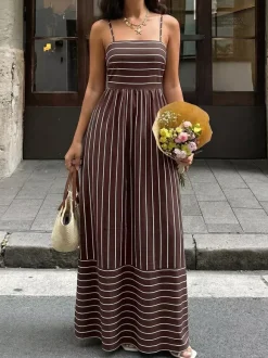 Robe longue de vacances à rayures débardeur maxi col carré dos élastiqué coupe ample et fluide robe d'été