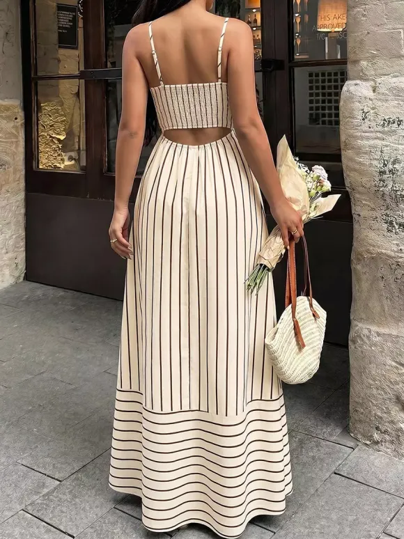 Robe longue de vacances à rayures débardeur maxi col carré dos élastiqué coupe ample et fluide robe d'été