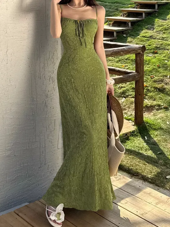 Robe longue dos nu à bretelles fermeture éclair sans manches imprimé floral épaules dénudées vert tendre
