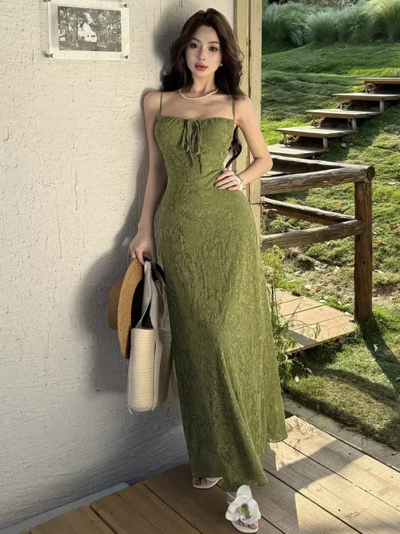 Robe longue dos nu à bretelles fermeture éclair sans manches imprimé floral épaules dénudées vert tendre