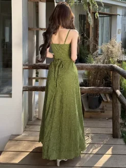 Robe longue dos nu à bretelles fermeture éclair sans manches imprimé floral épaules dénudées vert tendre