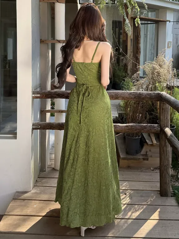 Robe longue dos nu à bretelles fermeture éclair sans manches imprimé floral épaules dénudées vert tendre
