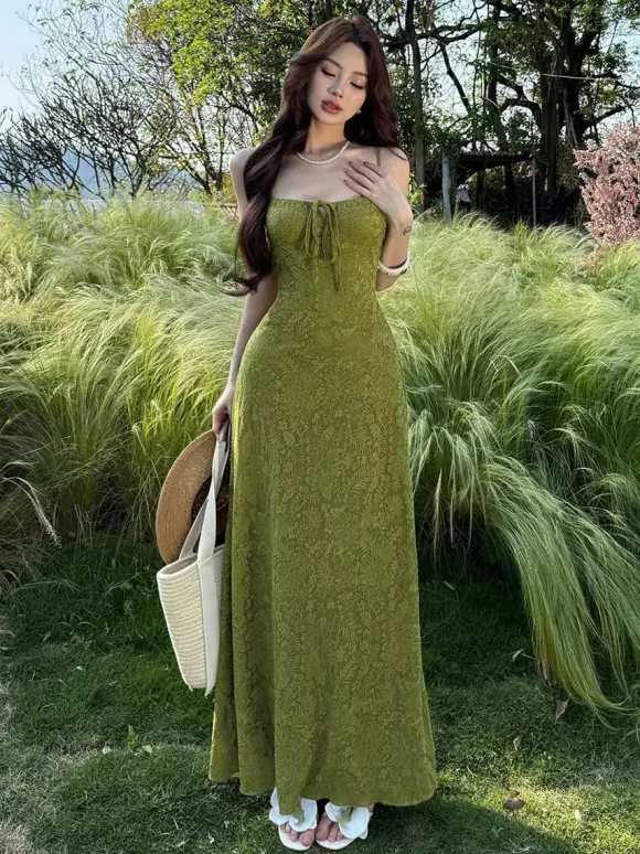 Robe longue dos nu à bretelles fermeture éclair sans manches imprimé floral épaules dénudées vert tendre