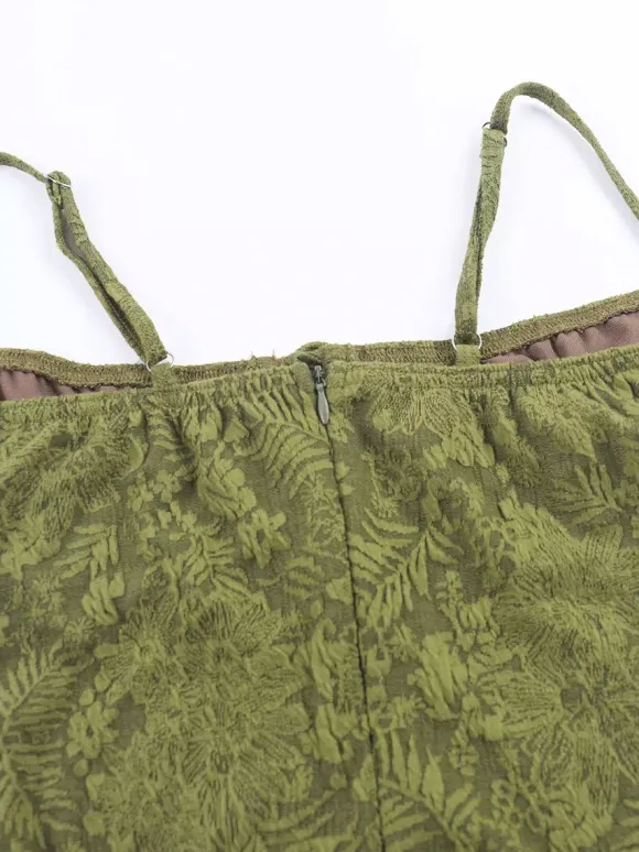 Robe longue dos nu à bretelles fermeture éclair sans manches imprimé floral épaules dénudées vert tendre