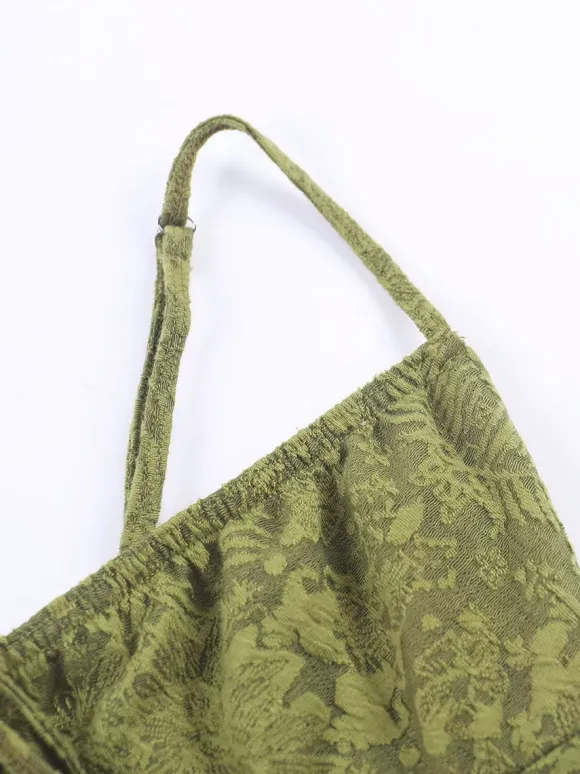 Robe longue dos nu à bretelles fermeture éclair sans manches imprimé floral épaules dénudées vert tendre