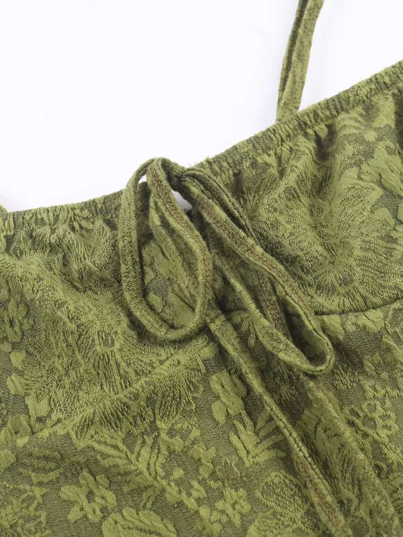 Robe longue dos nu à bretelles fermeture éclair sans manches imprimé floral épaules dénudées vert tendre