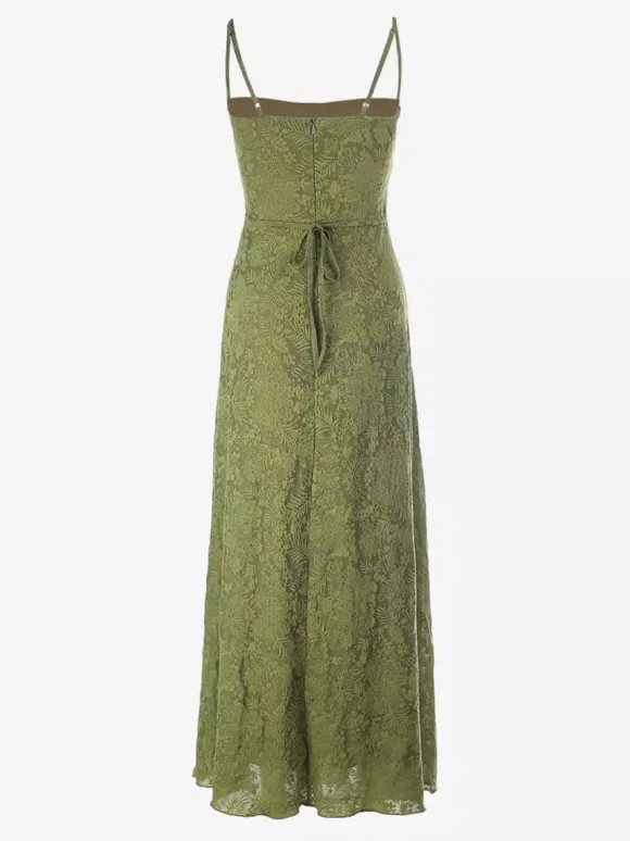 Robe longue dos nu à bretelles fermeture éclair sans manches imprimé floral épaules dénudées vert tendre