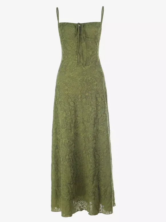 Robe longue dos nu à bretelles fermeture éclair sans manches imprimé floral épaules dénudées vert tendre