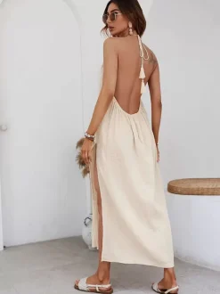 Robe longue dos nu à bretelles pour femme - Robe d'été bohème abricot en coton fendue sur le côté à franges et coupe ample - Collection été 2026