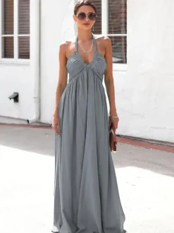 Robe longue dos nu à col halter pour femme - Robe bohème fluide à col V et froncée - Idéale pour les fêtes d'été à la plage 2026