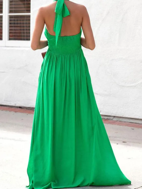 Robe longue dos nu à col halter pour femme - Robe bohème fluide à col V et froncée - Idéale pour les fêtes d'été à la plage 2026