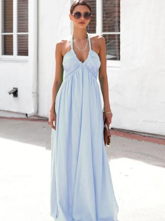 Robe longue dos nu à col halter pour femme - Robe bohème fluide à col V et froncée - Idéale pour les fêtes d'été à la plage 2026