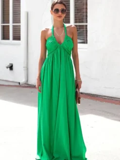 Robe longue dos nu à col halter pour femme - Robe bohème fluide à col V et froncée - Idéale pour les fêtes d'été à la plage 2026