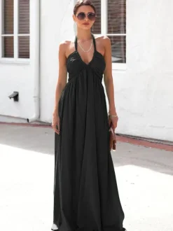 Robe longue dos nu à col halter pour femme - Robe bohème fluide à col V et froncée - Idéale pour les fêtes d'été à la plage 2026