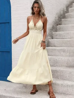 Robe longue dos nu à col halter avec détails à volants style bohème chic pour la plage