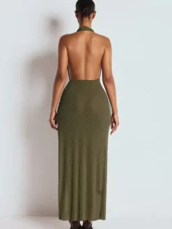 Robe longue dos nu à col V plongeant et décolleté plongeant pour femme - Robe transparente vert olive à paillettes et fente haute - Idéale pour une soirée d'été en boîte de nuit (2026)