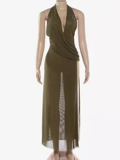 Robe longue dos nu à col V plongeant et décolleté plongeant pour femme - Robe transparente vert olive à paillettes et fente haute - Idéale pour une soirée d'été en boîte de nuit (2026)