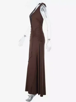 Robe longue dos nu à col V plongeant pour femme - Robe moulante marron à fronces et dos nu - Soirée d'été 2026