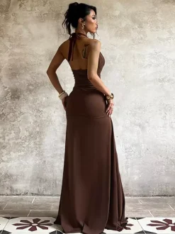Robe longue dos nu à col V plongeant pour femme - Robe moulante marron à fronces et dos nu - Soirée d'été 2026