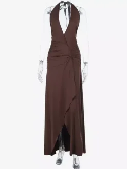 Robe longue dos nu à col V plongeant pour femme - Robe moulante marron à fronces et dos nu - Soirée d'été 2026