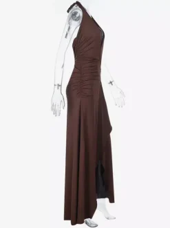 Robe longue dos nu à col V plongeant pour femme - Robe moulante marron à fronces et dos nu - Soirée d'été 2026