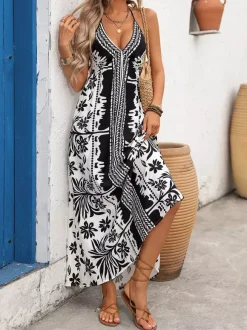 Robe longue dos nu à imprimé tropical noir et blanc pour femme col en V sans manches fluide idéale pour l'été et la plage