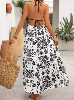 Robe longue dos nu à imprimé tropical noir et blanc pour femme col en V sans manches fluide idéale pour l'été et la plage