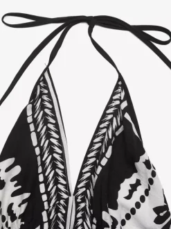 Robe longue dos nu à imprimé tropical noir et blanc pour femme col en V sans manches fluide idéale pour l'été et la plage