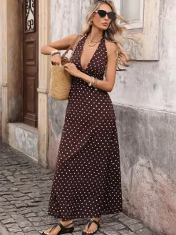 Robe longue dos nu à pois noirs et blancs pour femme décolleté plongeant en V sans manches fluide idéale pour l'été