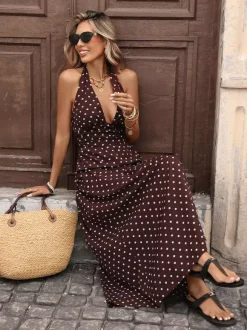 Robe longue dos nu à pois noirs et blancs pour femme décolleté plongeant en V sans manches fluide idéale pour l'été