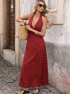 Robe longue dos nu à pois noirs et blancs pour femme décolleté plongeant en V sans manches fluide idéale pour l'été