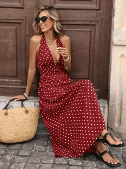 Robe longue dos nu à pois noirs et blancs pour femme décolleté plongeant en V sans manches fluide idéale pour l'été