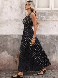 Robe longue dos nu à pois noirs et blancs pour femme décolleté plongeant en V sans manches fluide idéale pour l'été