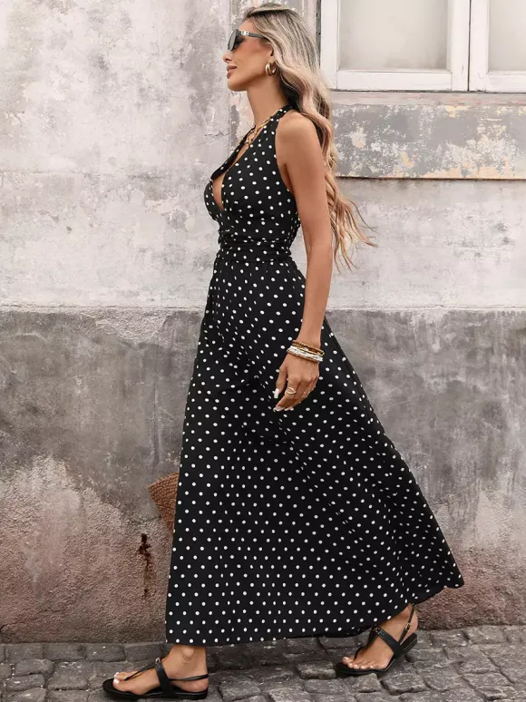 Robe longue dos nu à pois noirs et blancs pour femme décolleté plongeant en V sans manches fluide idéale pour l'été