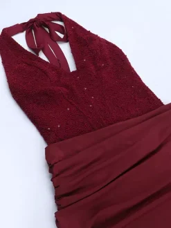 Robe longue dos nu à sequins bordeaux pour femme - Élégante robe sirène moulante froncée - Tenue de bal 2026
