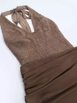 Robe longue dos nu à sequins bordeaux pour femme - Élégante robe sirène moulante froncée - Tenue de bal 2026
