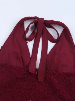 Robe longue dos nu à sequins bordeaux pour femme - Élégante robe sirène moulante froncée - Tenue de bal 2026