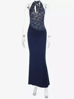 Robe longue dos nu bleu marine à col halter pour femme - Robe asymétrique en dentelle patchwork - Robe moulante sexy idéale pour une soirée d'anniversaire d'été 2026